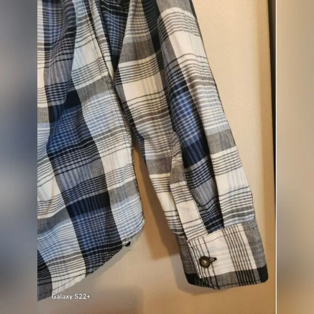 M38 Wrangler Blue, Black & White Plaid Western Shirt Button Up Long Sleeved